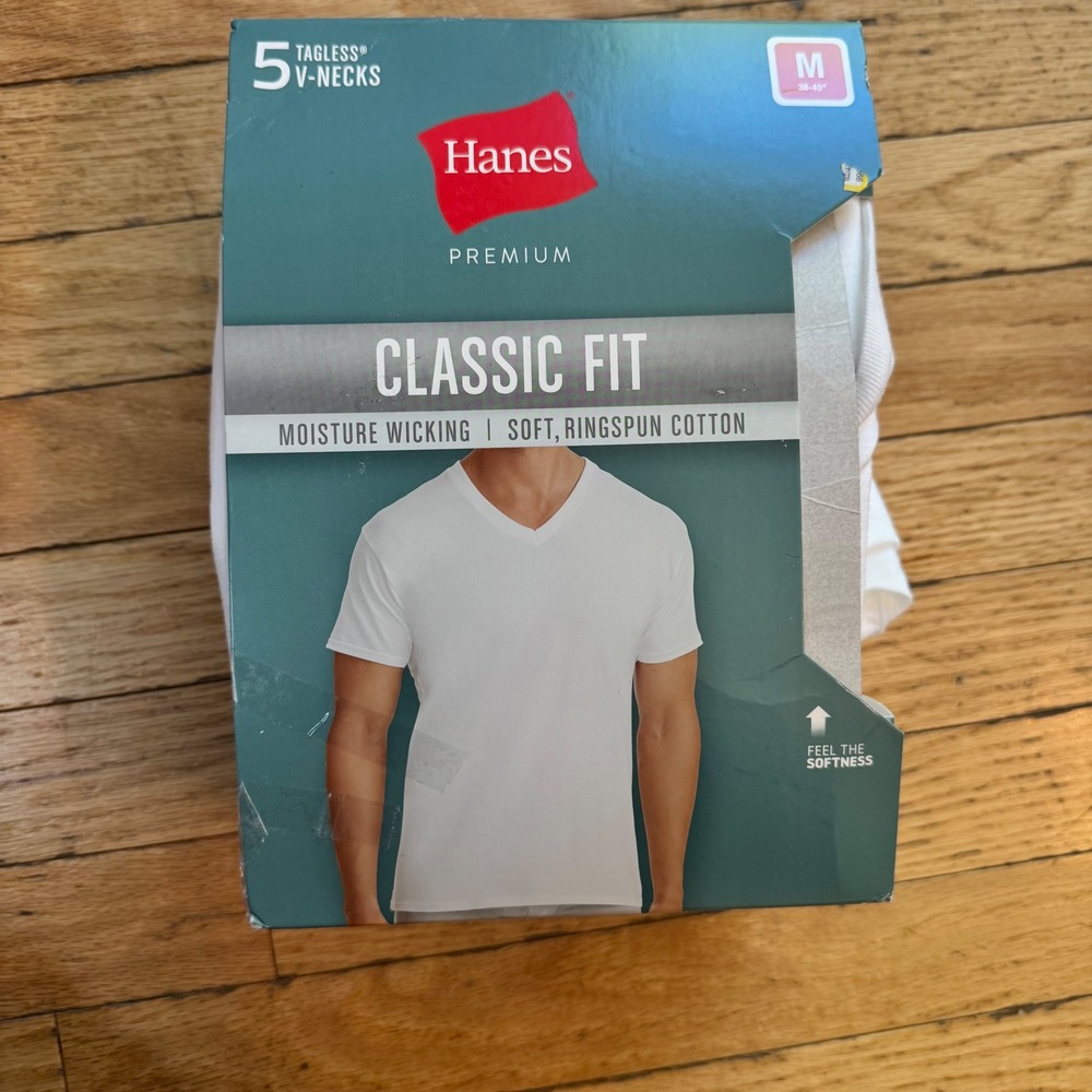 Hanes Premium Mens 5-Pack Classic Fit V-Neck T-Shirts White Tagless Medium 38-40